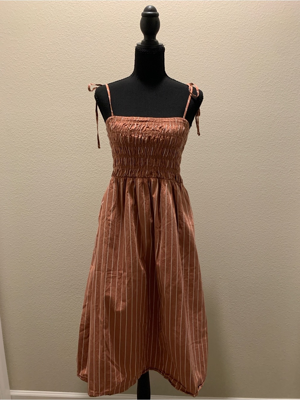 a new day 100% Cotton Rust Pinstripe Smocked Midi Dress with Tie Straps (Size S)